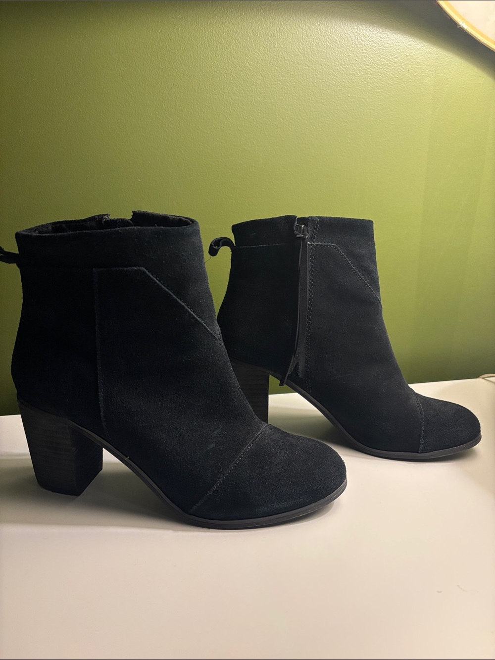 Toms Black Suede Ankle Booties with Block Heel and Side Zipper